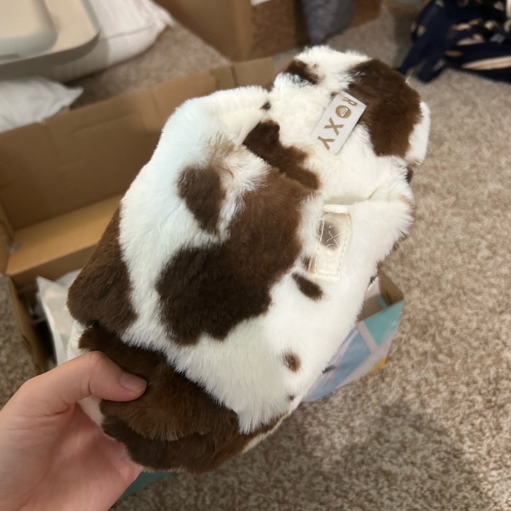 Roxy Brown & White Faux Fur Slide Slippers